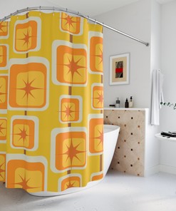 Mustard Yellow, Orange, and Brown Geometric Mid Century Modern Shower Curtain with Atomic Starburst Accents