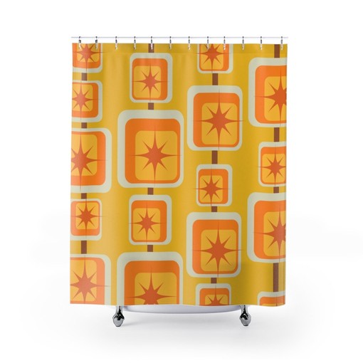 Mustard Yellow, Orange, and Brown Geometric Mid Century Modern Shower Curtain with Atomic Starburst Accents - Image 2