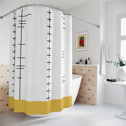 Mustard Yellow Shower Curtain with Mid Century Modern Border, Add Retro Charm to Your Bathroom Decor