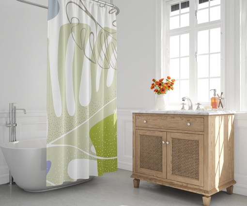 Muted Green Tone Scandi Shower Curtain - Minimalist Design with Leaves for Bathroom Decor