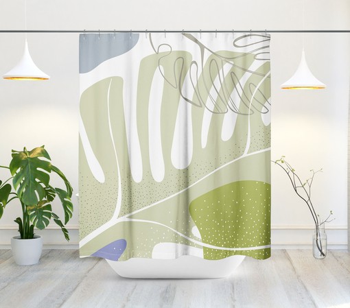 Muted Green Tone Scandi Shower Curtain - Minimalist Design with Leaves for Bathroom Decor - Image 2