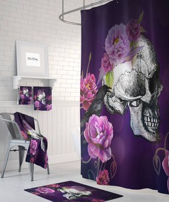 Mysterious Purple Floral Skull Shower Curtain Set - Dark Bath Set with Matching Towels for Gothic Bathroom Decor
