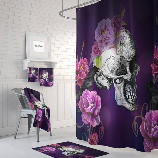 Mysterious Purple Floral Skull Shower Curtain Set - Dark Bath Set with Matching Towels for Gothic Bathroom Decor