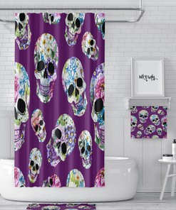 Mysterious Sugar Skull Day of the Dead Purple Floral Shower Curtain Set - Dark Bath Set Gothic Bathroom Decor