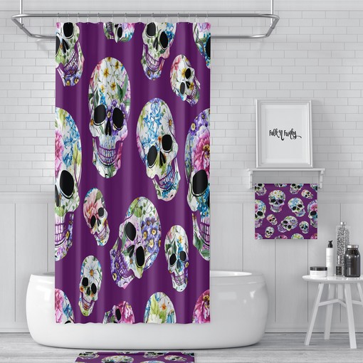 Mysterious Sugar Skull Day of the Dead Purple Floral Shower Curtain Set - Dark Bath Set Gothic Bathroom Decor