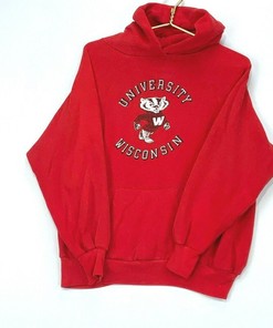 NCAA 80s Football Apparel: University of Wisconsin Badgers Vintage Red Hoodie Sweatshirt
