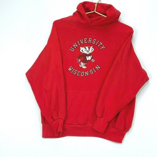 NCAA 80s Football Apparel: University of Wisconsin Badgers Vintage Red Hoodie Sweatshirt