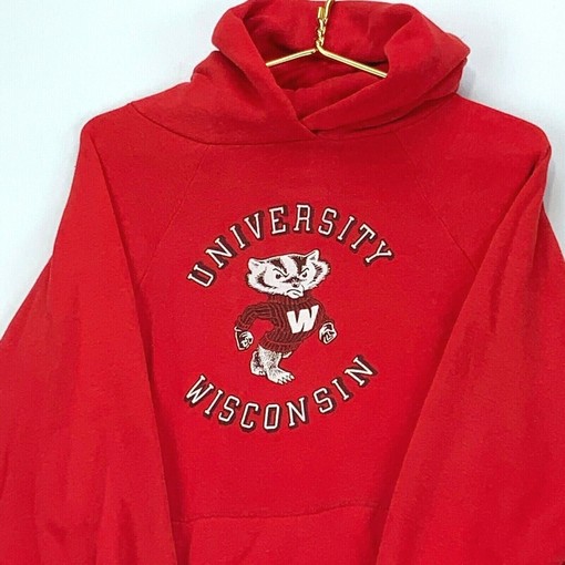 NCAA 80s Football Apparel: University of Wisconsin Badgers Vintage Red Hoodie Sweatshirt - Image 2