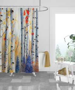 Natural Birch Tree Watercolor Shower Curtain with Optional Towels and Mat