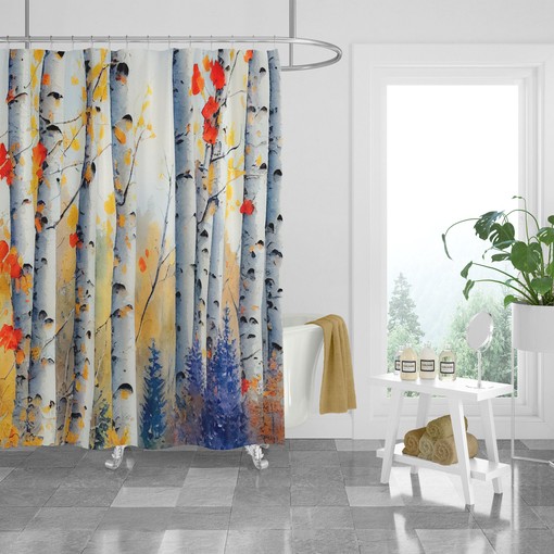 Natural Birch Tree Watercolor Shower Curtain with Optional Towels and Mat