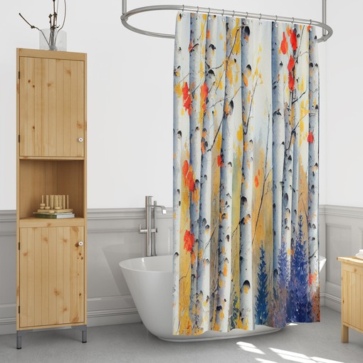 Natural Birch Tree Watercolor Shower Curtain with Optional Towels and Mat - Image 2