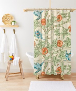 Nature-Inspired Boho Shower Curtain - Featuring Flowers, Birds, and Art Nouveau Design