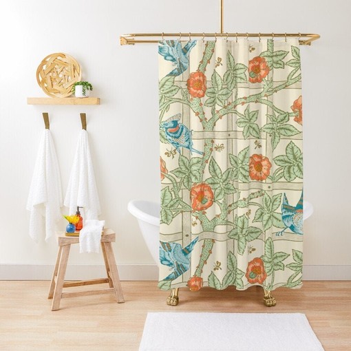 Nature-Inspired Boho Shower Curtain - Featuring Flowers, Birds, and Art Nouveau Design