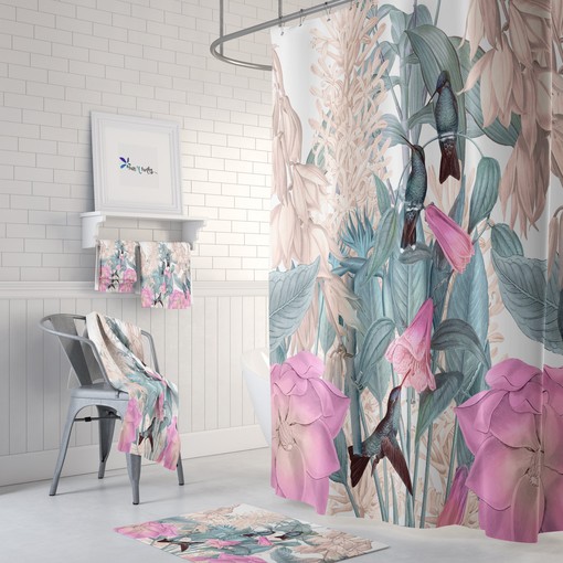 Nature-Inspired Hummingbird and Floral Shower Curtain Set - Eye-Catching Bath Set with Matching Towels for Nature