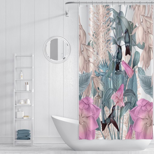 Nature-Inspired Hummingbird and Floral Shower Curtain Set - Eye-Catching Bath Set with Matching Towels for Nature - Image 3