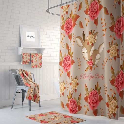 Nature-Loving Floral Deer Shower Curtain Set - Rustic Bath Set with Matching Towels and Hand Towels