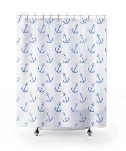 Nautical Blue Anchors on White Shower Curtain for Beach Bathroom