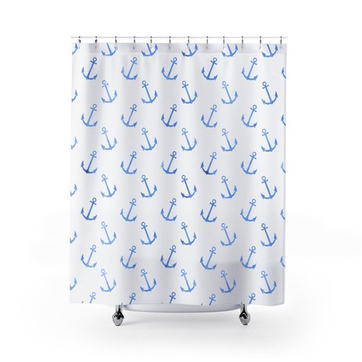 Nautical Blue Anchors on White Shower Curtain for Beach Bathroom