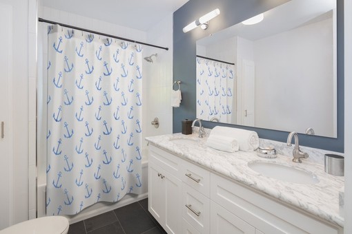 Nautical Blue Anchors on White Shower Curtain for Beach Bathroom - Image 2