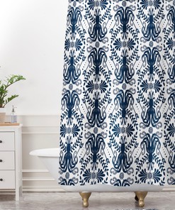 Nautical Damask Shower Curtain with Octopus Mythos Design for Classic Coastal Bathroom