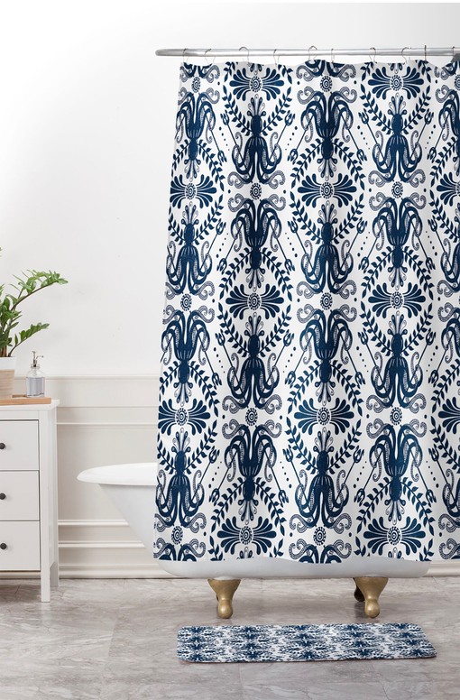 Nautical Damask Shower Curtain with Octopus Mythos Design for Classic Coastal Bathroom