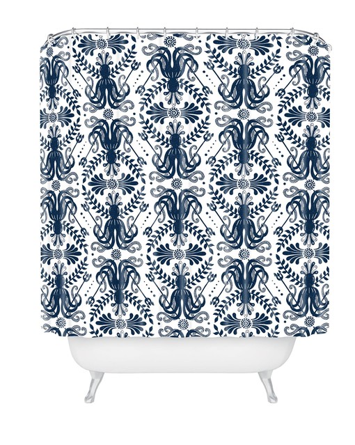 Nautical Damask Shower Curtain with Octopus Mythos Design for Classic Coastal Bathroom - Image 2