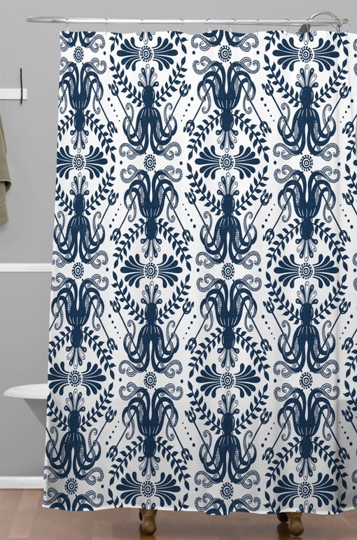 Nautical Damask Shower Curtain with Octopus Mythos Design for Classic Coastal Bathroom - Image 3