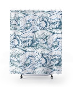 Nautical Ocean Waves and Ships Print Shower Curtain for Coastal Bathroom Decor