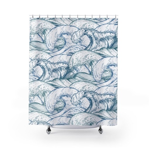 Nautical Ocean Waves and Ships Print Shower Curtain for Coastal Bathroom Decor