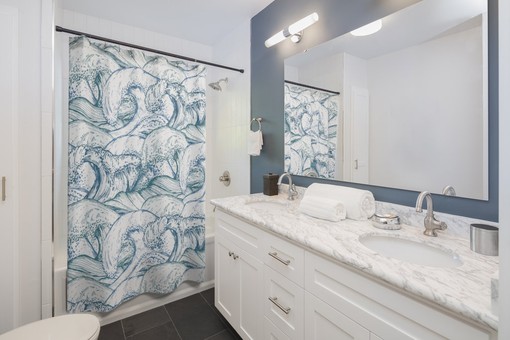 Nautical Ocean Waves and Ships Print Shower Curtain for Coastal Bathroom Decor - Image 2
