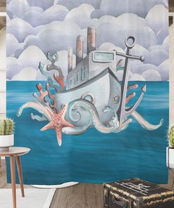 Nautical Octopus and Ship Shower Curtain Set for Beach Themed Bathroom Decor