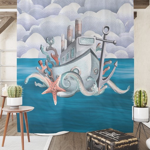 Nautical Octopus and Ship Shower Curtain Set for Beach Themed Bathroom Decor