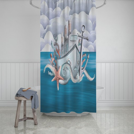 Nautical Octopus and Ship Shower Curtain Set for Beach Themed Bathroom Decor - Image 2