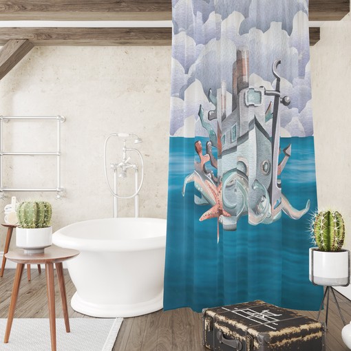 Nautical Octopus and Ship Shower Curtain Set for Beach Themed Bathroom Decor - Image 3