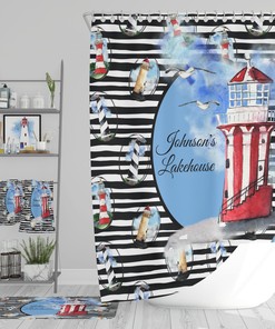 Nautical Personalized Lighthouse Shower Curtain Set for a Seaside Bathroom
