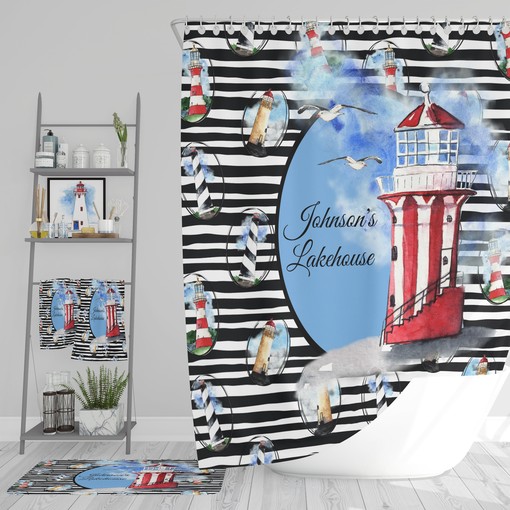 Nautical Personalized Lighthouse Shower Curtain Set for a Seaside Bathroom