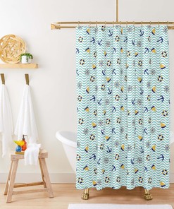 Nautical Sailing Ocean Shower Curtain Set | Beach Theme Bathroom Decor | Blue Fabric