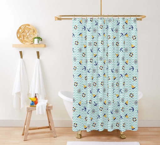 Nautical Sailing Ocean Shower Curtain Set | Beach Theme Bathroom Decor | Blue Fabric