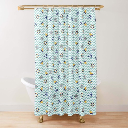 Nautical Sailing Ocean Shower Curtain Set | Beach Theme Bathroom Decor | Blue Fabric - Image 2