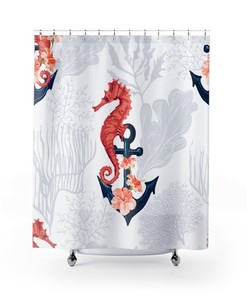 Nautical Seahorse & Anchor Art Shower Curtain | Beach Bath Decor | 71X71 Inch Curtain