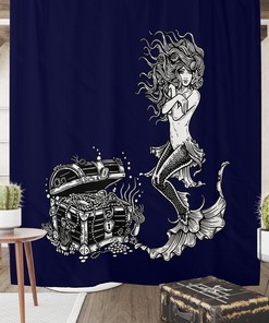 Navy Blue Mermaid Shower Curtain with Towels and Bath Mat Options for Vintage Bathroom Decor