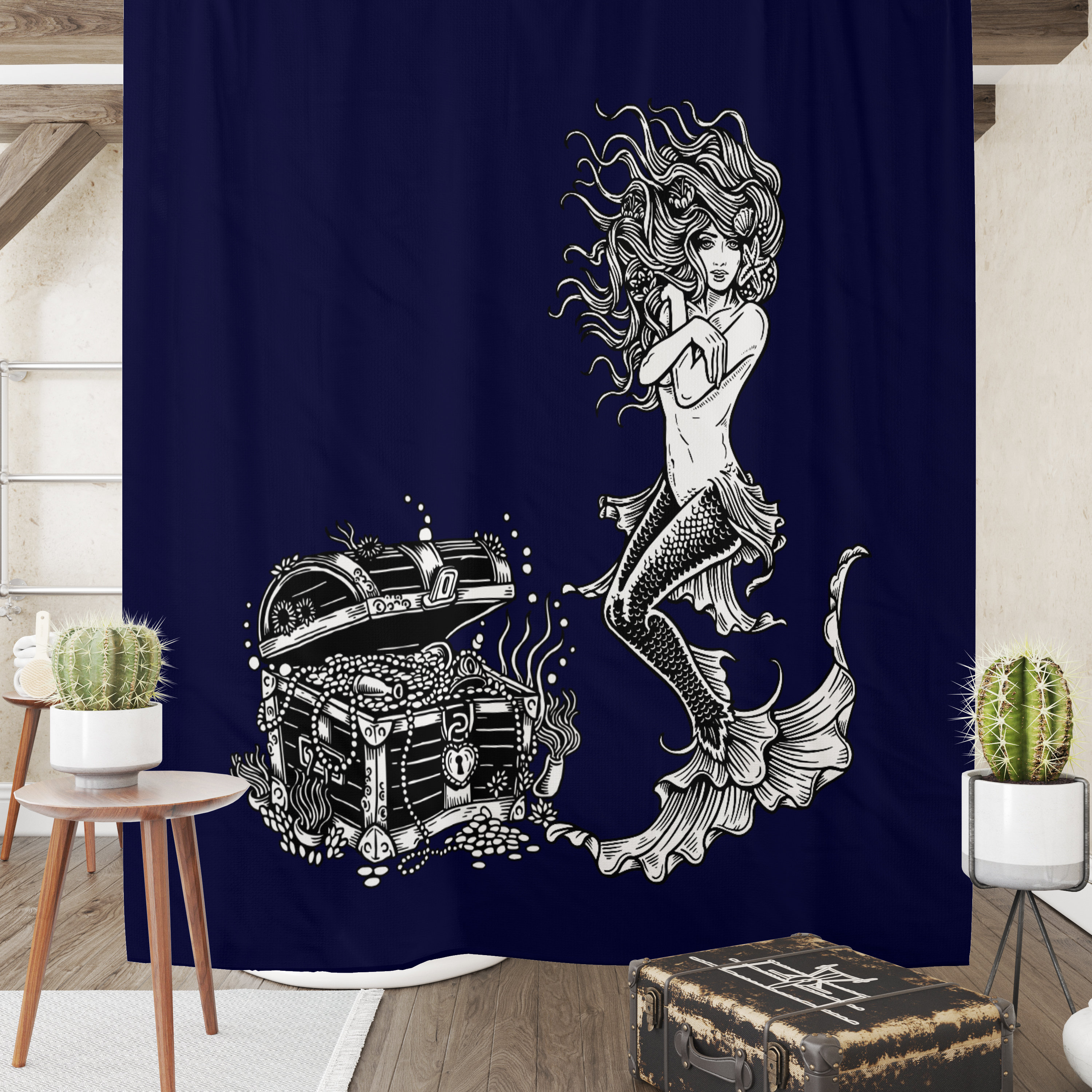 Navy Blue Mermaid Shower Curtain with Towels and Bath Mat Options for Vintage Bathroom Decor