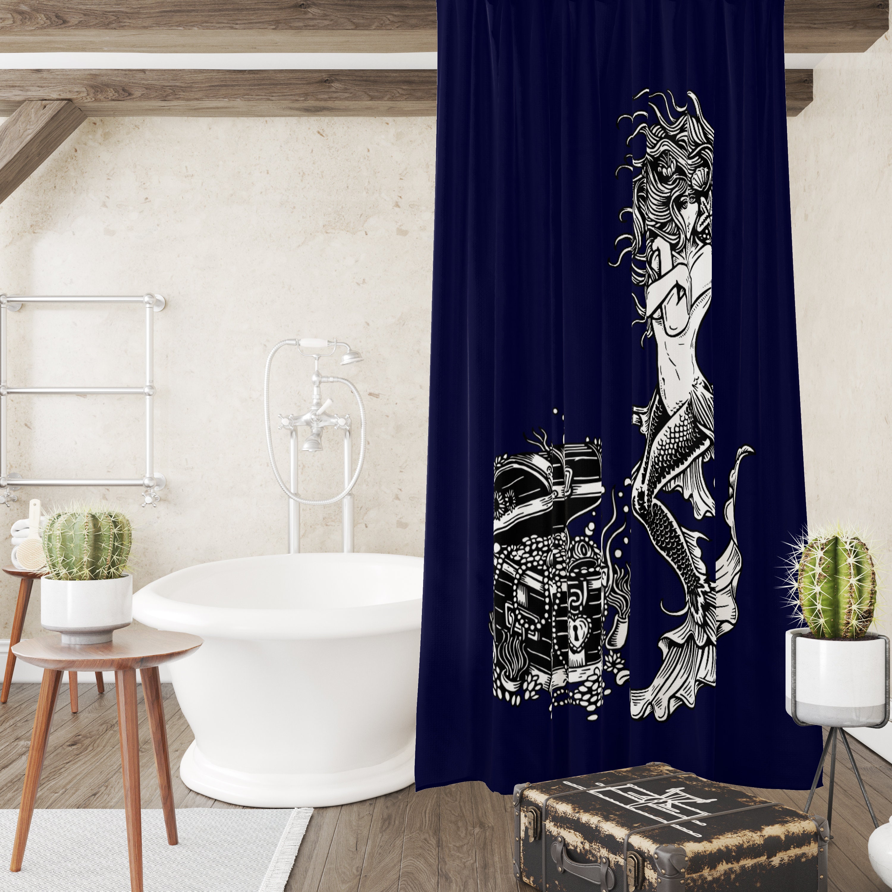 Navy Blue Mermaid Shower Curtain with Towels and Bath Mat Options for Vintage Bathroom Decor - Image 2