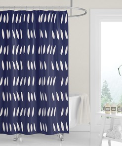Navy Blue and White Shower Curtain with Abstract Raindrop Cutouts