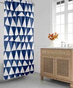 Navy Blue and White Triangle Shower Curtain - Minimalist Abstract Design for Mid Century Modern Bathroom Decor