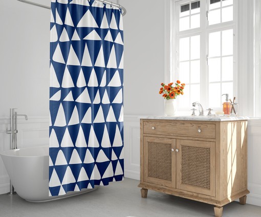 Navy Blue and White Triangle Shower Curtain - Minimalist Abstract Design for Mid Century Modern Bathroom Decor