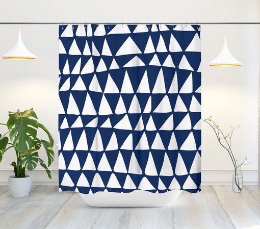 Navy Blue and White Triangle Shower Curtain - Minimalist Abstract Design for Mid Century Modern Bathroom Decor - Image 2