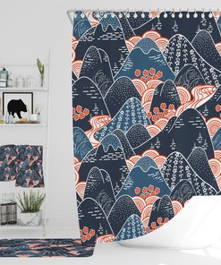 Navy Mountain Floral Shower Curtain and Matching Towels for Adventure Bathroom Decor