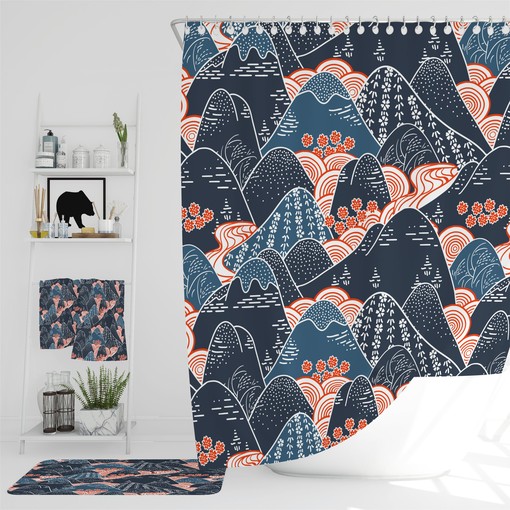 Navy Mountain Floral Shower Curtain and Matching Towels for Adventure Bathroom Decor