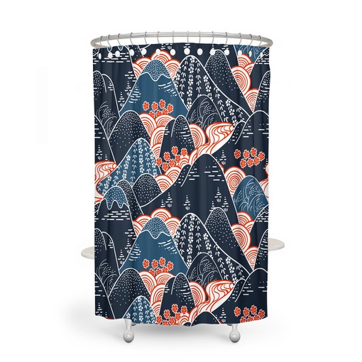 Navy Mountain Floral Shower Curtain and Matching Towels for Adventure Bathroom Decor - Image 2